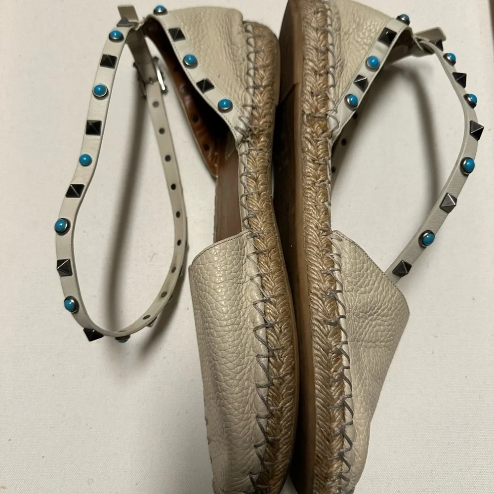 Valentino Cream Espadrilles with Blue Studs, size 9.5, pre-owned.
